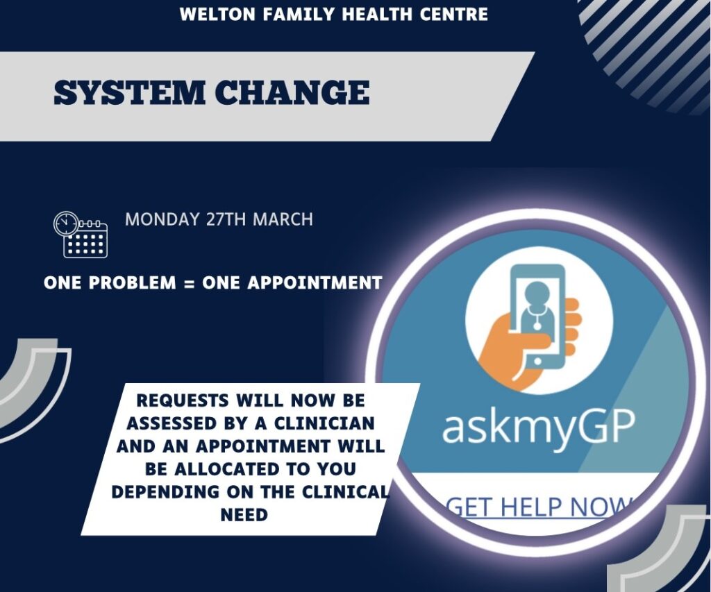 AskmyGP System Changes from Monday 27th March 2023 Welton Family Health Centre